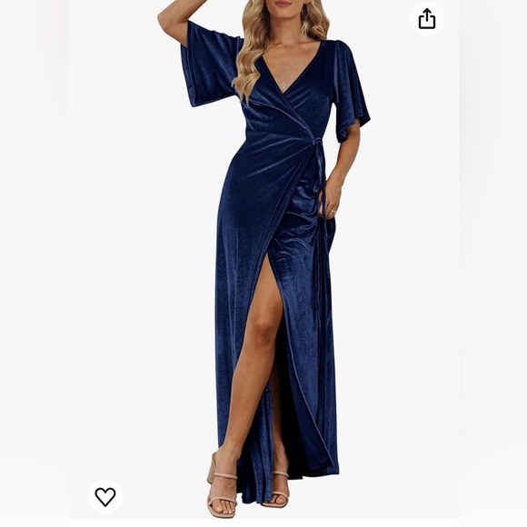 MEROKEETY Women's V Neck Wrap Velvet Maxi Dress Bell Sleeve Split Bridesmaid - Picture 1 of 10